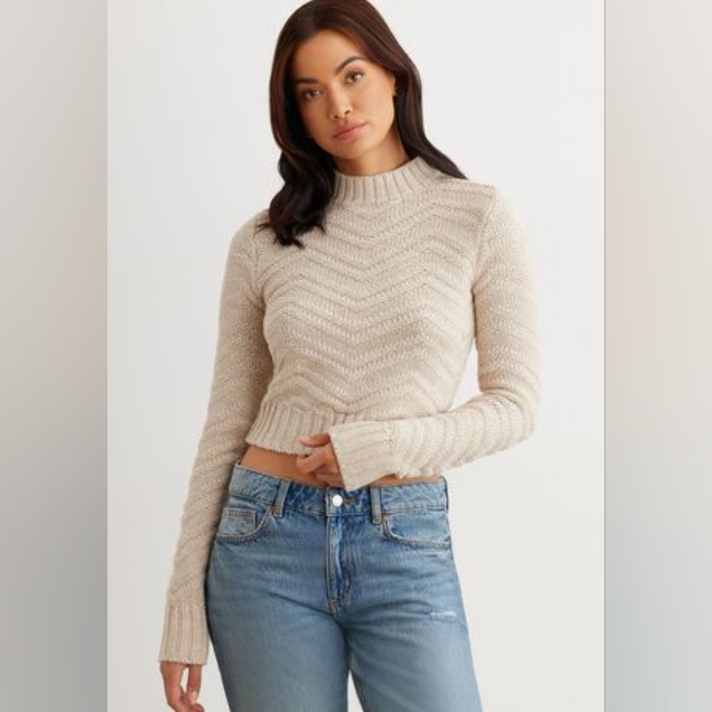 Dynamite Textured Mockneck Sweater, Cream, Size US Small